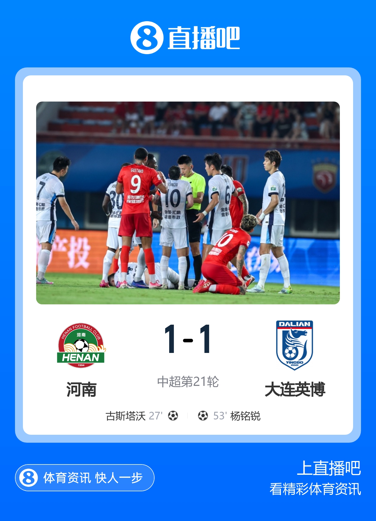 大连英博客场1-1河南升前三 古斯塔沃破门19岁杨铭锐替补扳平 大连英博客场1-1河南升前三 古斯塔沃破门19岁杨铭锐替补扳平