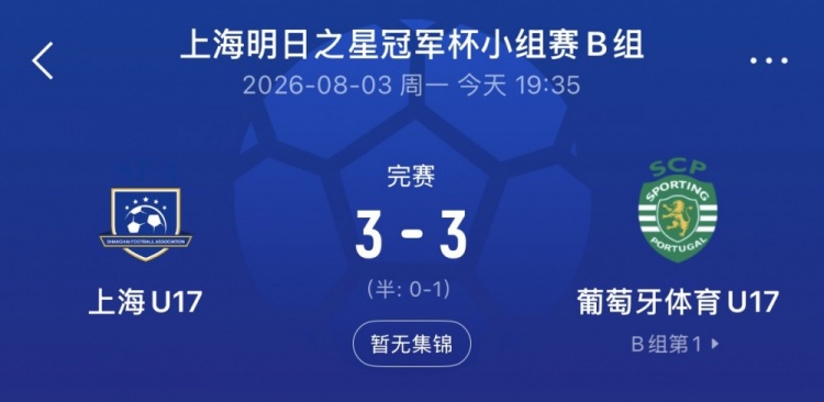 上海U17两球落后连扳两球3-3葡体U17,梁锦鸿双响吕孟洋助攻