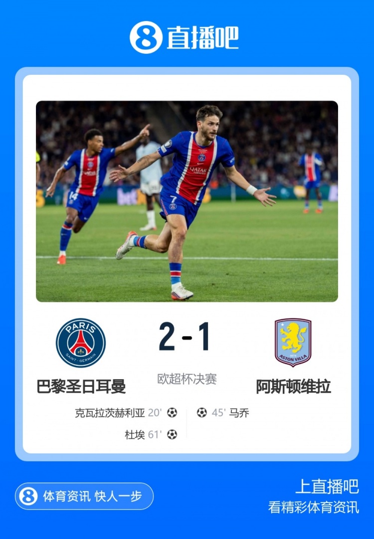 欧战淘汰赛八连杀英超球队,巴黎2-1维拉卫冕欧超杯